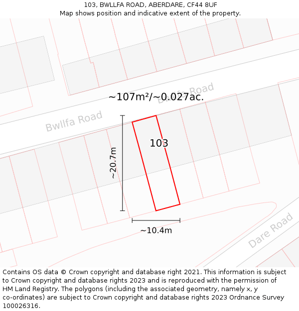 103, BWLLFA ROAD, ABERDARE, CF44 8UF: Plot and title map