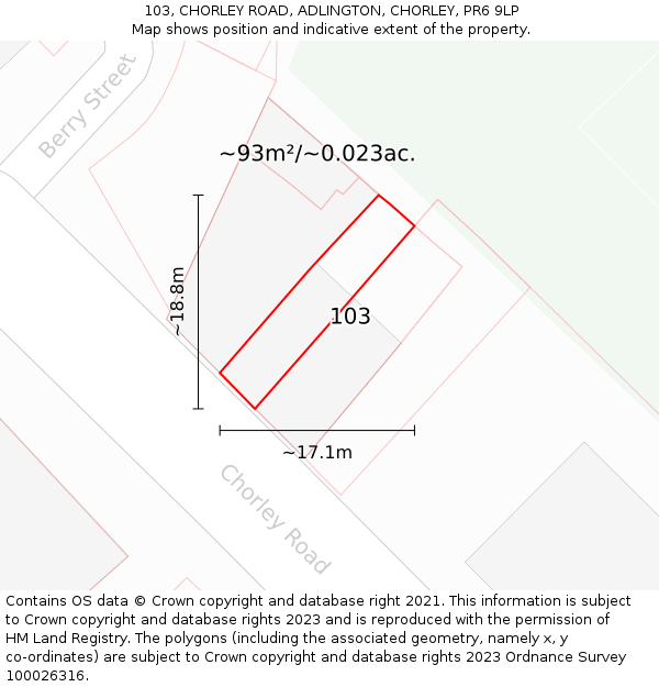 103, CHORLEY ROAD, ADLINGTON, CHORLEY, PR6 9LP: Plot and title map
