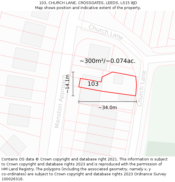 103, CHURCH LANE, CROSSGATES, LEEDS, LS15 8JD: Plot and title map