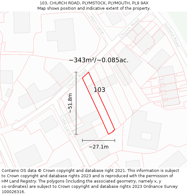 103, CHURCH ROAD, PLYMSTOCK, PLYMOUTH, PL9 9AX: Plot and title map