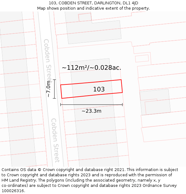 103, COBDEN STREET, DARLINGTON, DL1 4JD: Plot and title map