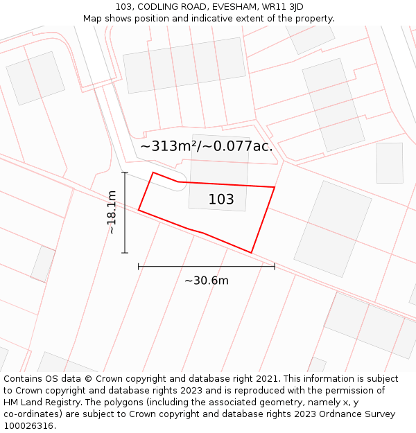 103, CODLING ROAD, EVESHAM, WR11 3JD: Plot and title map