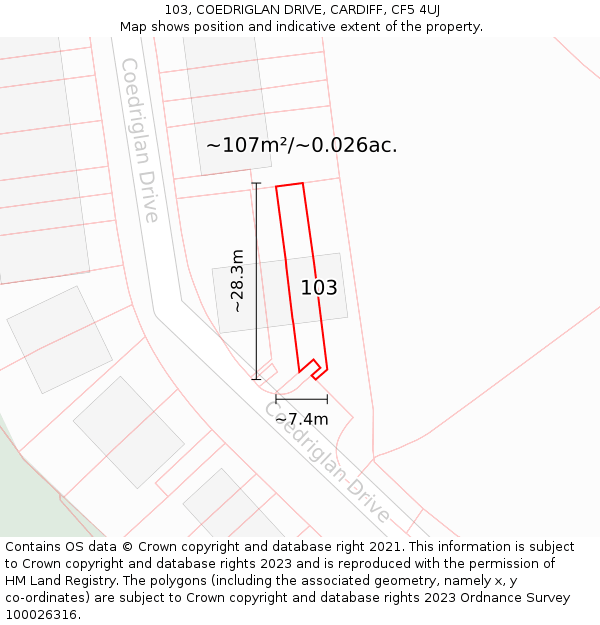103, COEDRIGLAN DRIVE, CARDIFF, CF5 4UJ: Plot and title map