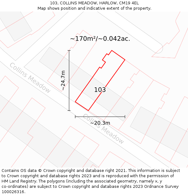 103, COLLINS MEADOW, HARLOW, CM19 4EL: Plot and title map
