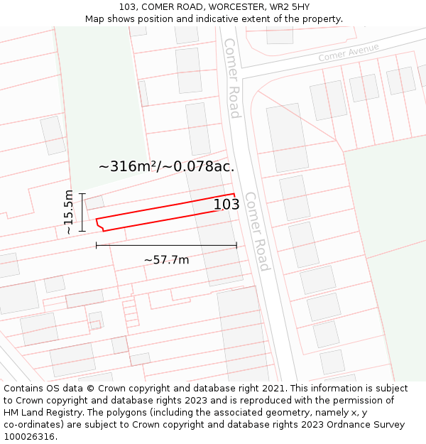 103, COMER ROAD, WORCESTER, WR2 5HY: Plot and title map