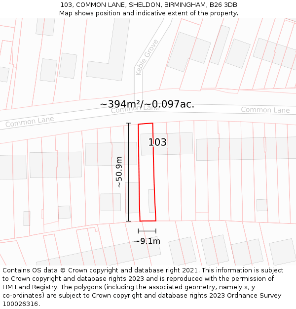 103, COMMON LANE, SHELDON, BIRMINGHAM, B26 3DB: Plot and title map