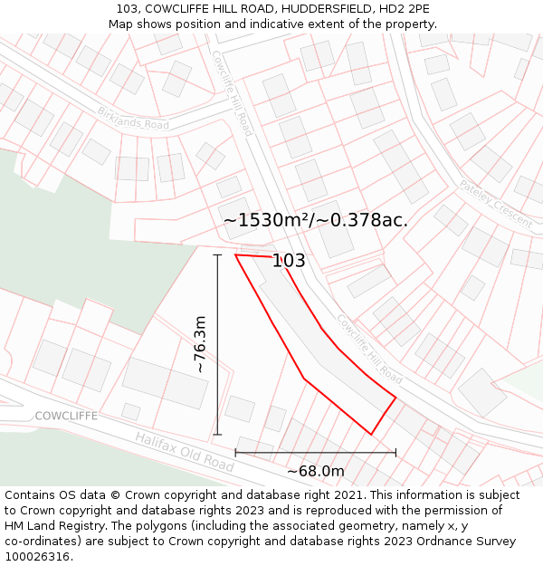 103, COWCLIFFE HILL ROAD, HUDDERSFIELD, HD2 2PE: Plot and title map