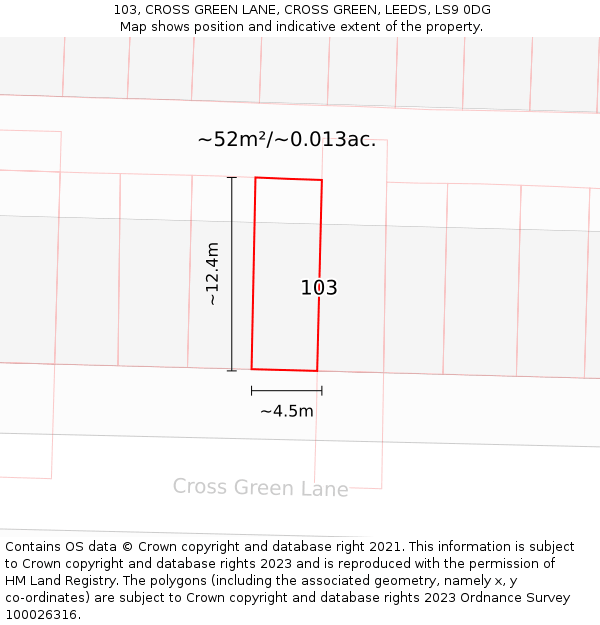 103, CROSS GREEN LANE, CROSS GREEN, LEEDS, LS9 0DG: Plot and title map