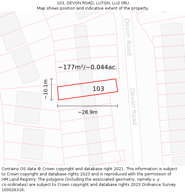 103, DEVON ROAD, LUTON, LU2 0RU: Plot and title map