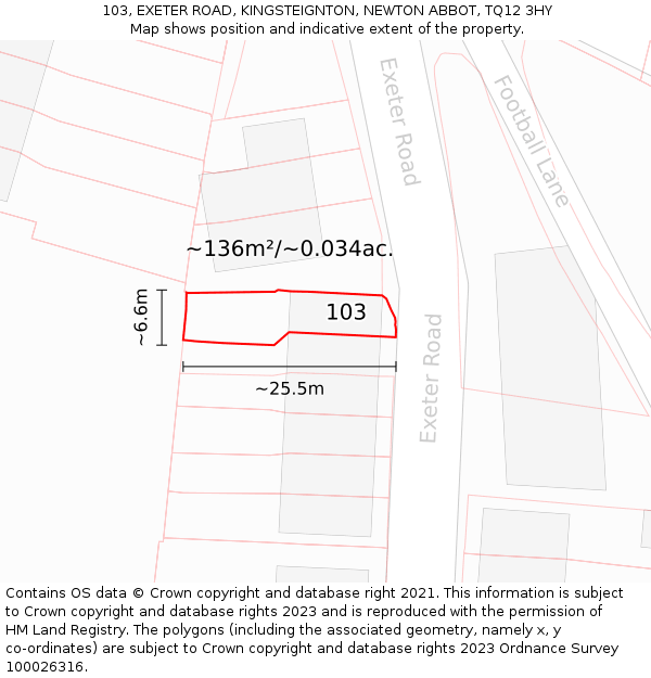 103, EXETER ROAD, KINGSTEIGNTON, NEWTON ABBOT, TQ12 3HY: Plot and title map