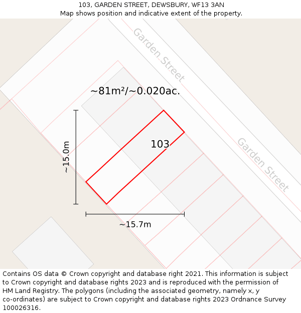 103, GARDEN STREET, DEWSBURY, WF13 3AN: Plot and title map