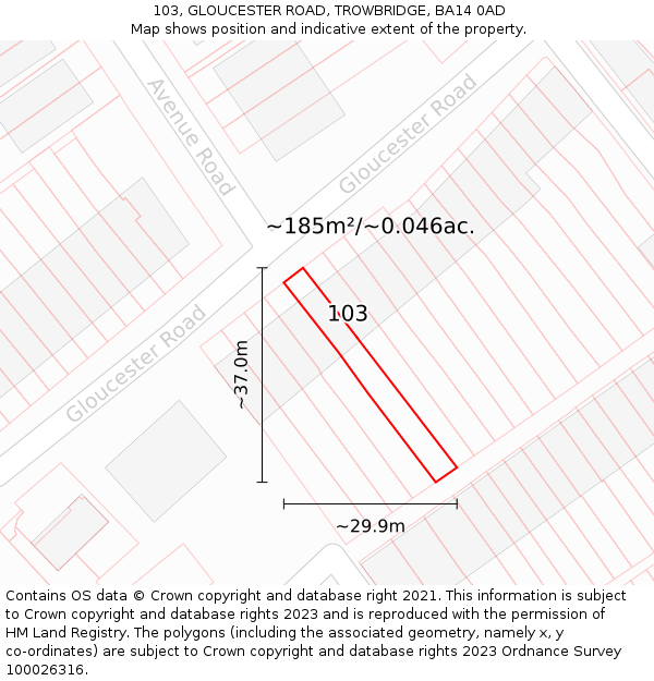 103, GLOUCESTER ROAD, TROWBRIDGE, BA14 0AD: Plot and title map