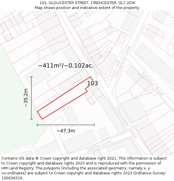 103, GLOUCESTER STREET, CIRENCESTER, GL7 2DW: Plot and title map