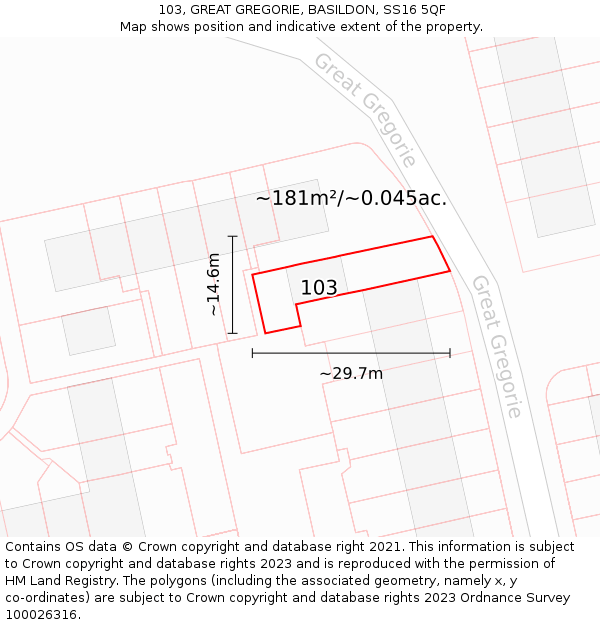 103, GREAT GREGORIE, BASILDON, SS16 5QF: Plot and title map
