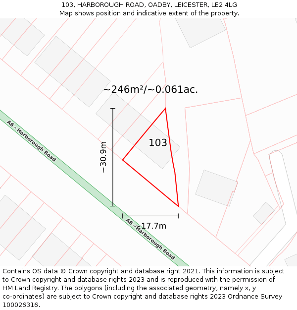 103, HARBOROUGH ROAD, OADBY, LEICESTER, LE2 4LG: Plot and title map