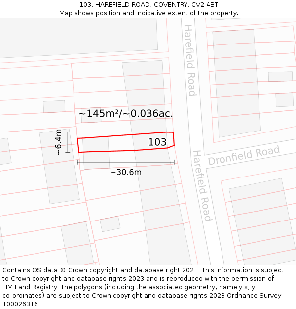 103, HAREFIELD ROAD, COVENTRY, CV2 4BT: Plot and title map