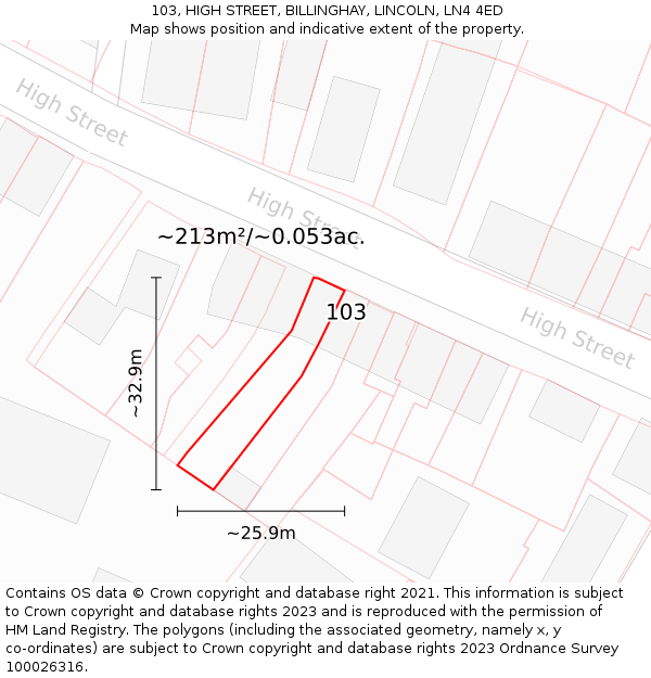 103, HIGH STREET, BILLINGHAY, LINCOLN, LN4 4ED: Plot and title map