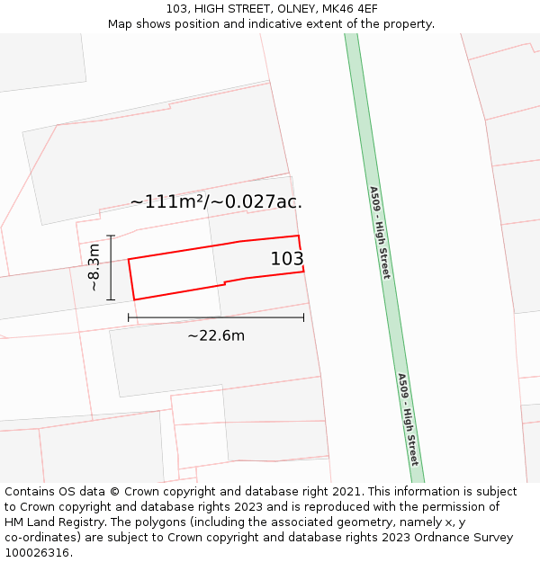 103, HIGH STREET, OLNEY, MK46 4EF: Plot and title map