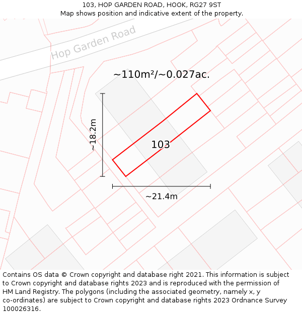 103, HOP GARDEN ROAD, HOOK, RG27 9ST: Plot and title map