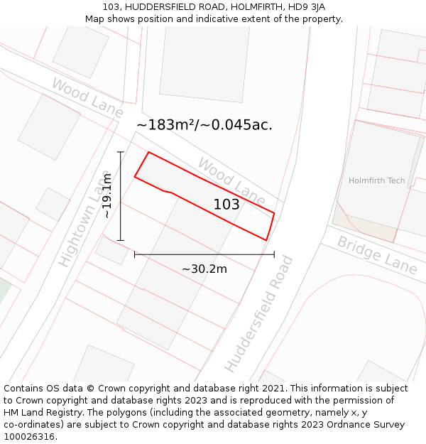 103, HUDDERSFIELD ROAD, HOLMFIRTH, HD9 3JA: Plot and title map