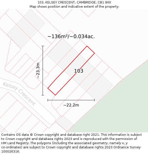 103, KELSEY CRESCENT, CAMBRIDGE, CB1 9XX: Plot and title map