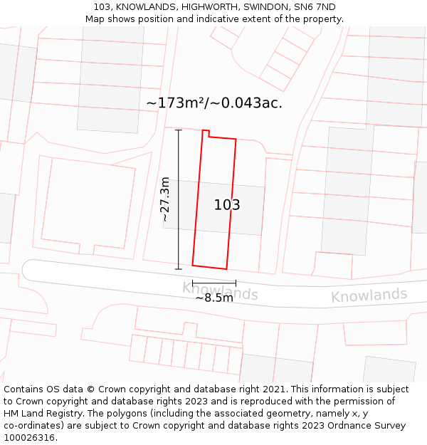 103, KNOWLANDS, HIGHWORTH, SWINDON, SN6 7ND: Plot and title map