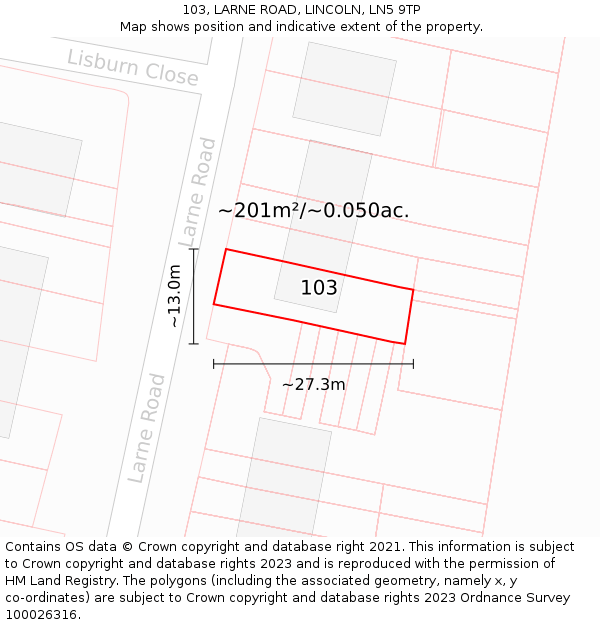 103, LARNE ROAD, LINCOLN, LN5 9TP: Plot and title map