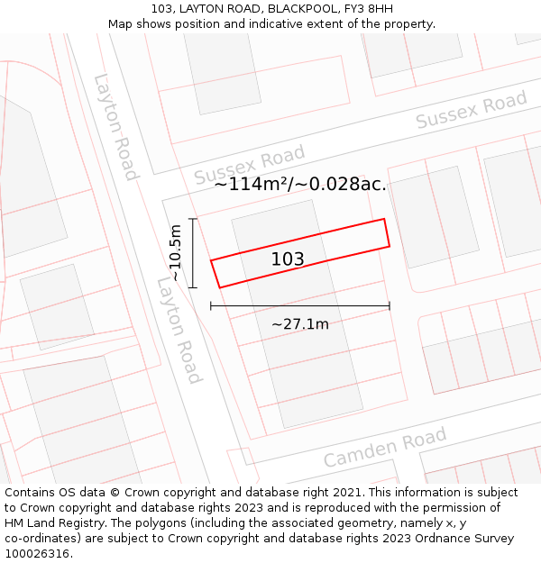103, LAYTON ROAD, BLACKPOOL, FY3 8HH: Plot and title map