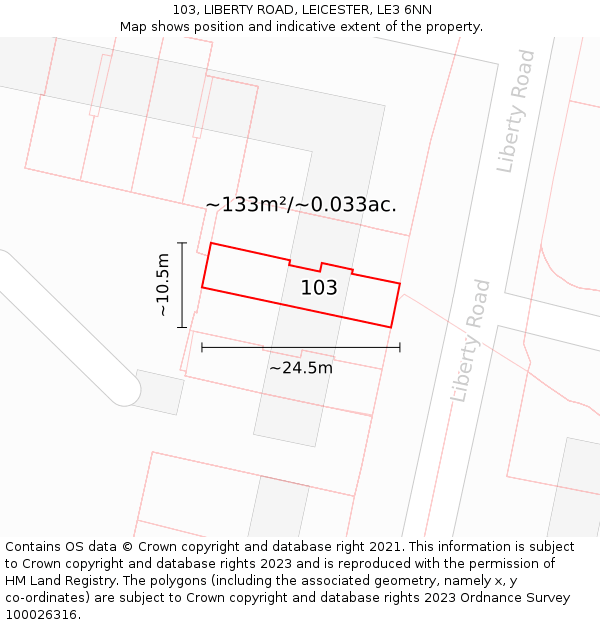 103, LIBERTY ROAD, LEICESTER, LE3 6NN: Plot and title map