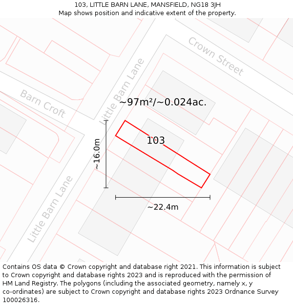 103, LITTLE BARN LANE, MANSFIELD, NG18 3JH: Plot and title map