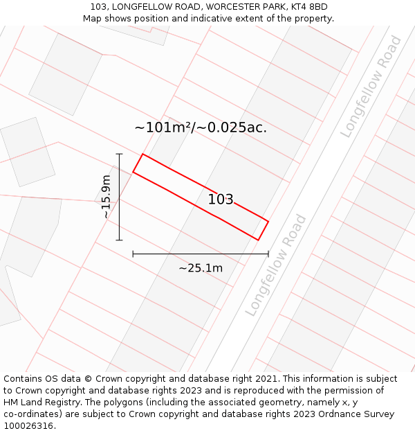 103, LONGFELLOW ROAD, WORCESTER PARK, KT4 8BD: Plot and title map