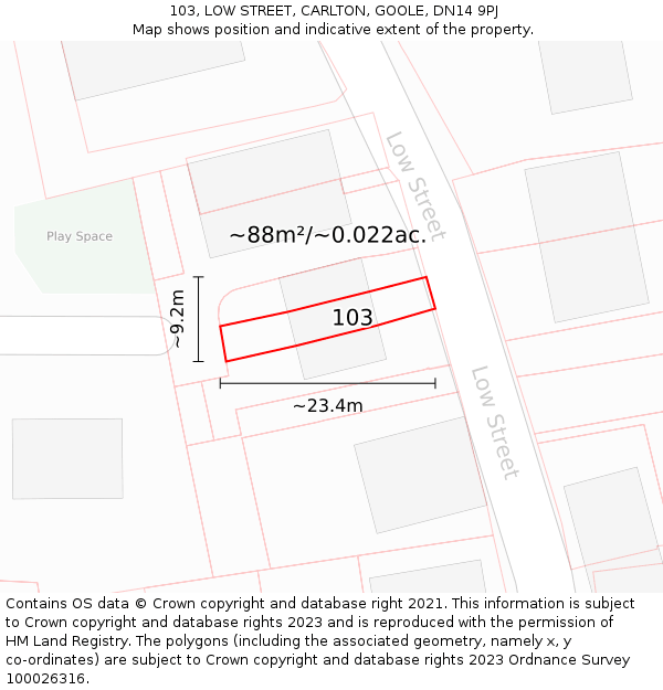 103, LOW STREET, CARLTON, GOOLE, DN14 9PJ: Plot and title map