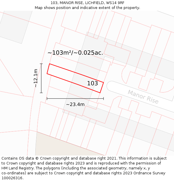 103, MANOR RISE, LICHFIELD, WS14 9RF: Plot and title map