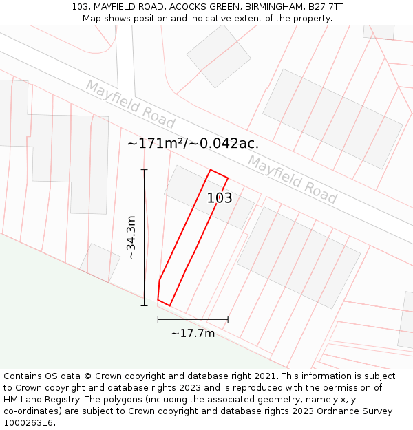 103, MAYFIELD ROAD, ACOCKS GREEN, BIRMINGHAM, B27 7TT: Plot and title map