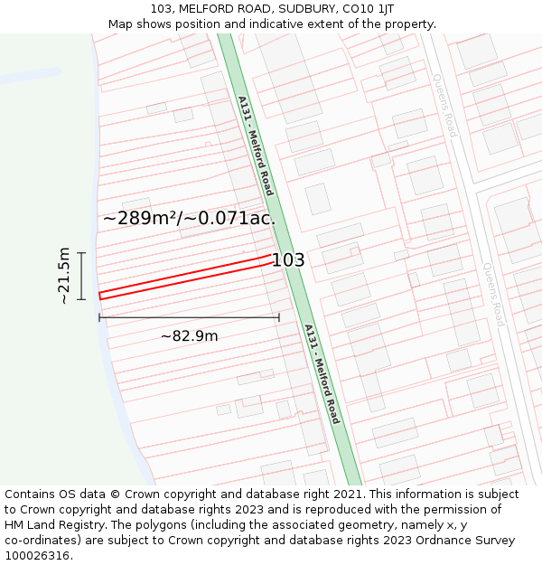 103, MELFORD ROAD, SUDBURY, CO10 1JT: Plot and title map