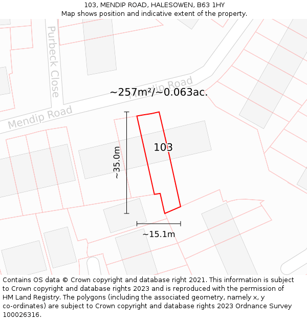 103, MENDIP ROAD, HALESOWEN, B63 1HY: Plot and title map