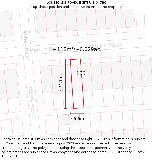 103, MONKS ROAD, EXETER, EX4 7BQ: Plot and title map