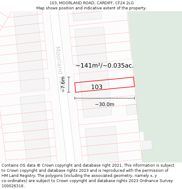 103, MOORLAND ROAD, CARDIFF, CF24 2LG: Plot and title map