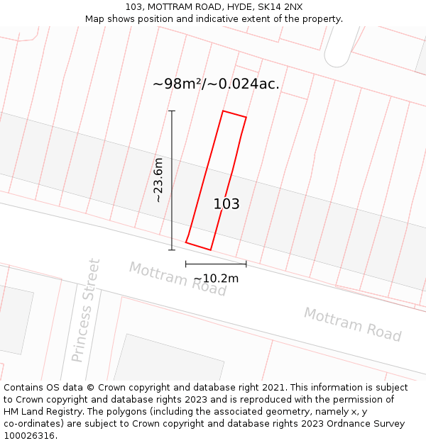 103, MOTTRAM ROAD, HYDE, SK14 2NX: Plot and title map
