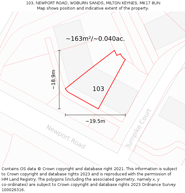 103, NEWPORT ROAD, WOBURN SANDS, MILTON KEYNES, MK17 8UN: Plot and title map