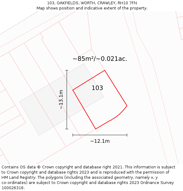 103, OAKFIELDS, WORTH, CRAWLEY, RH10 7FN: Plot and title map