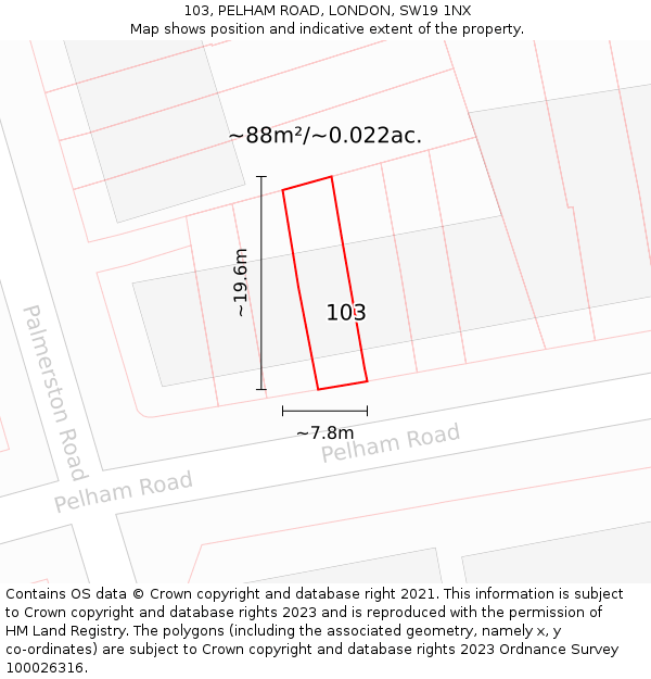 103, PELHAM ROAD, LONDON, SW19 1NX: Plot and title map