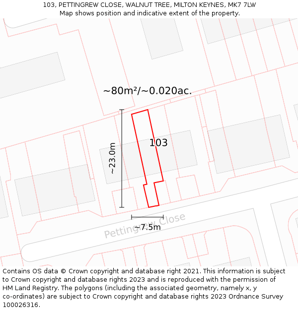 103, PETTINGREW CLOSE, WALNUT TREE, MILTON KEYNES, MK7 7LW: Plot and title map