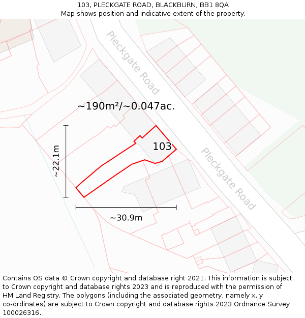 103, PLECKGATE ROAD, BLACKBURN, BB1 8QA: Plot and title map