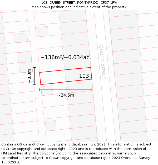 103, QUEEN STREET, PONTYPRIDD, CF37 1RW: Plot and title map