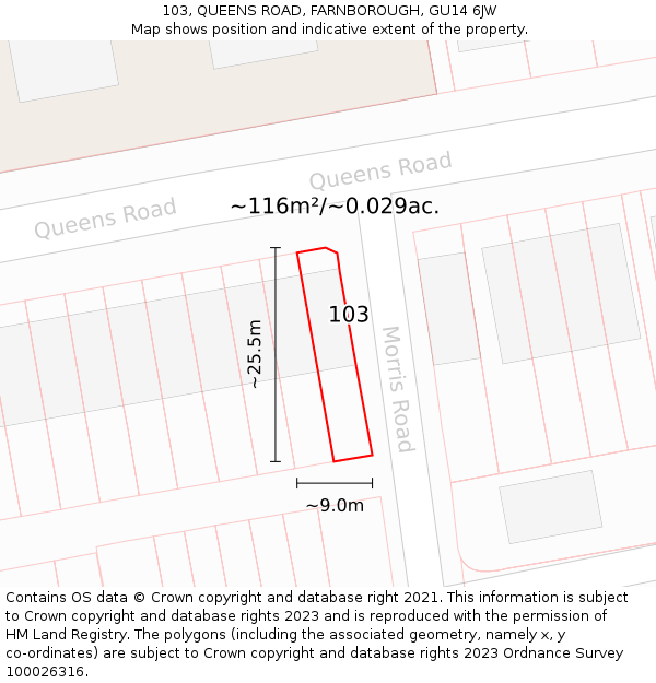 103, QUEENS ROAD, FARNBOROUGH, GU14 6JW: Plot and title map