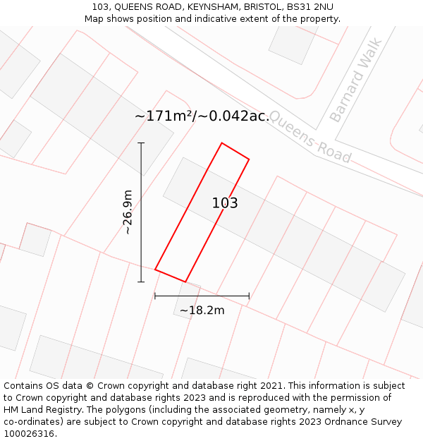 103, QUEENS ROAD, KEYNSHAM, BRISTOL, BS31 2NU: Plot and title map