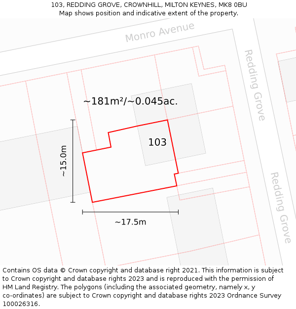 103, REDDING GROVE, CROWNHILL, MILTON KEYNES, MK8 0BU: Plot and title map