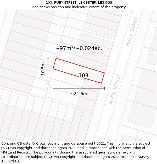 103, RUBY STREET, LEICESTER, LE3 9GS: Plot and title map