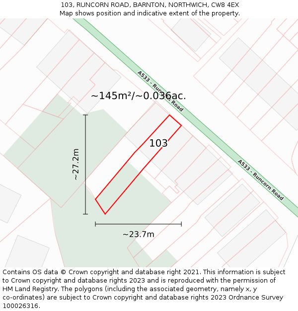 103, RUNCORN ROAD, BARNTON, NORTHWICH, CW8 4EX: Plot and title map